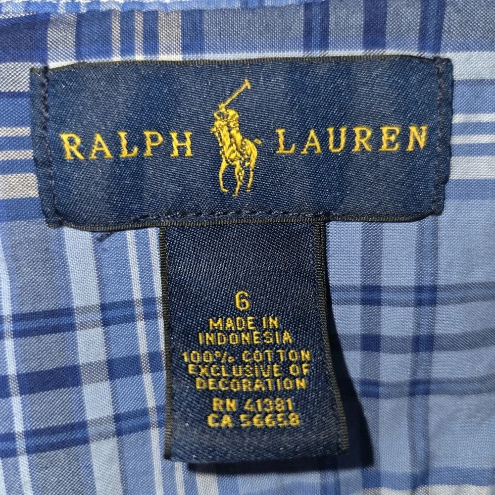 Ralph Lauren Button Down Shirt Boy's Size 6 Long Sleeve Blue Plaid 100% Cotton
